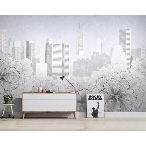 Beibehang Customized 3d wallpaper modern black and white city line drawing floral city architecture TV background wall wallpaper