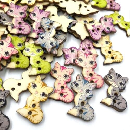 50pcs Cat Painted Wooden Buttons Decorative buttons For Sewing Scrapbooking Crafts 26x16mm WB522