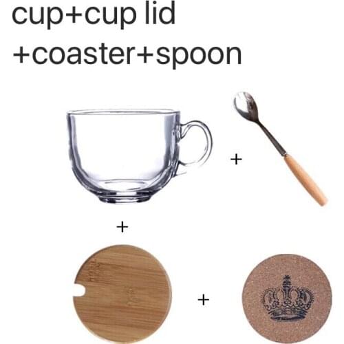 Cup four-piece coaster cup lid cup spoon 450ml heat-resistant glass milk coffee salad teacup exquisite