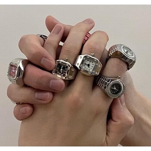 Real watchband ring watch finger for women men funny cool unusual unique novelty jewelry chunky ring punk hip-hop pink color