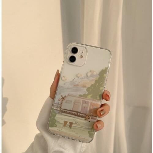 Retro sweet train station painting kawaii Japanese Phone Case For iPhone 11 12 Pro Max Xr Xs Max 7 8 Plus 7Plus case Cute Cover