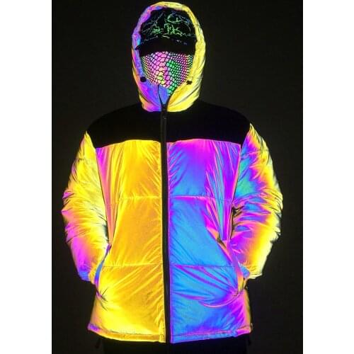 Balck Yellow Patchwork Colorful Reflective Jacket Winter Coat Men Women Fashion Night Reflect Light Abrigo Hombre
