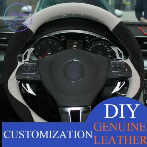 For VW Golf Tiguan White Natural Leather Black Suede Car Steering Wheel Cover Anti-slip fit all season comfort touch design