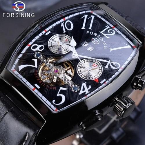 Forsining Hot Sale Man Clock Machanical Mens Watch Black Leather Strap Week Date Display Tourbillon Automatic Male Wrist Watches