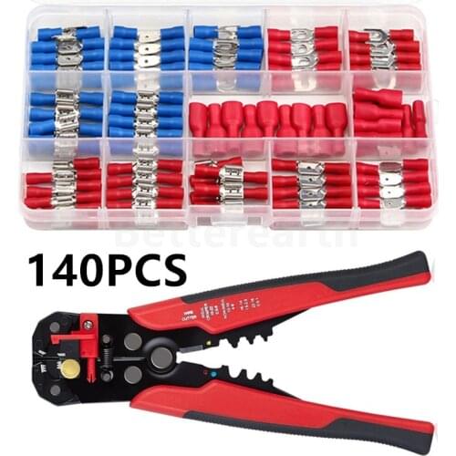 140PCS Insulated Cable Connector Electrical Wire Crimp Spade Butt Ring Fork Ring Lugs Rolled Terminals + Cable Wire Stripper