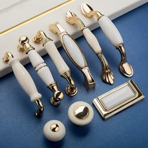 JD European Zinc Alloy Ceramic Handle Modern Drawer Gold Ceramic Furniture Handle Cabinet Home Wardrobe White Handle Hardware