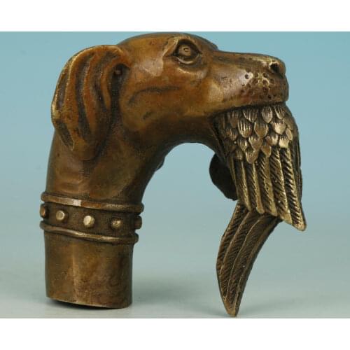 Chinese Old Bronze Hand Carved Dog Bitten Birds Statue Cane Walking Stick Head