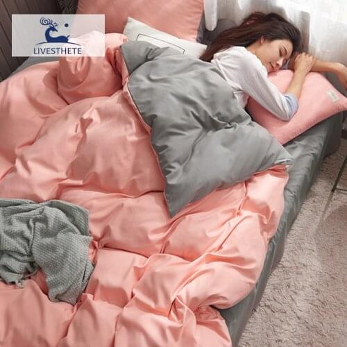 Liv-Esthete Pink Duvet Cover Gray Flat/Fitted Sheet Elastic Band Home Decor Bedclothes Double Bedding Set Nordic Girl Bedspread