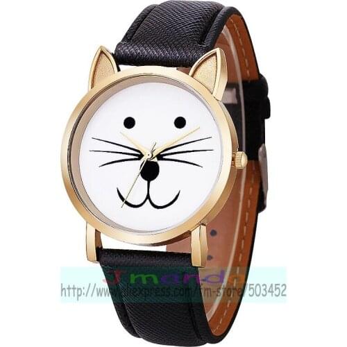 100pcs/lot 8043 new arrival cute cat watch wrap quartz leather watch gold case caual watch for unisex leopard strap wristwatch