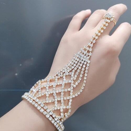 New Fashion Classic chains Boho Bangles For Women K-Gold Color Rhinestone Bracelet finger-ring Cuff vintage Indian Jewelry