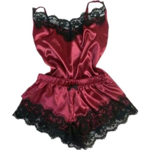 New Women Bow Sleepwear Sleeveless Strap Nightwear Lace Trim Satin Cami Top Pajama Sets femme sexy lingerie pyjamas women