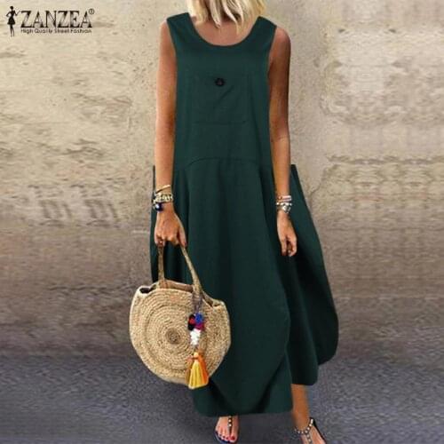 Summer Vintage Sleeveless Solid Long Dress ZANZEA Women Sundress Casual O neck Party Beach Vestido Kaftan Maxi Dresses Sarafans