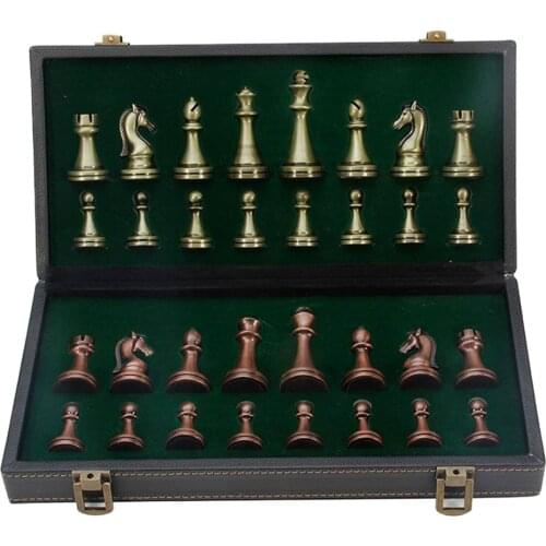 Premium Leather Retro Tournament Chess Set Folding Chess Set W/ Storage Slot