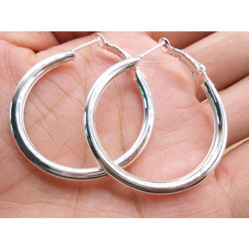 925 free delivery Silver colorSimple Smooth Ear Ring Big 40MM Circle Female Earrings Wholesale Fashion
