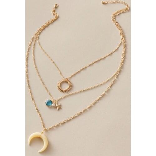 Tocona Charming Moon Pendant Necklace for Women Shiny Rhinestone Hollow Geometric Multilayer Star Bohemian Jewelry Gift 8929