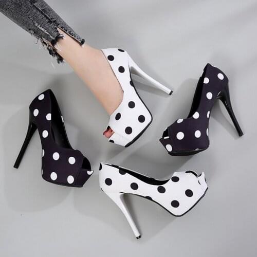 Europe Style Super High Heels(12/14cm) Platform Womens Shoes Polka Dot Female Sandals Peep Toe Sexy Pumps Slip-On OULYYYOGO