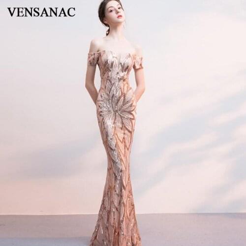 VENSANAC Sequined Boat Neck Mermaid Long Evening Dresses Party Short Sleeve Backless Prom Gowns