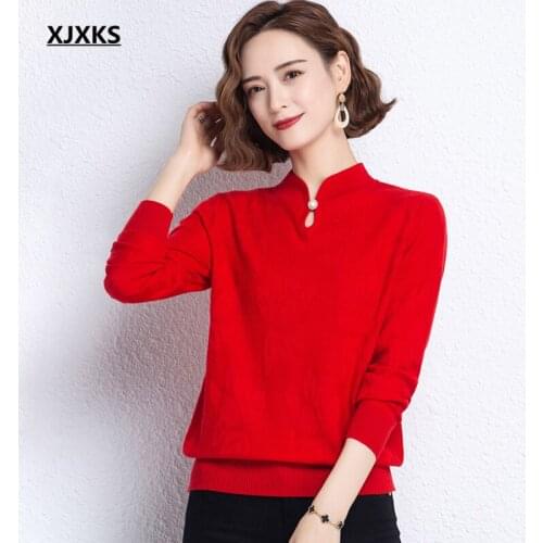 XJXKS 2021 autumn winter new fashion cheongsam collar women sweater high-end cashmere knitted sweater women pullover