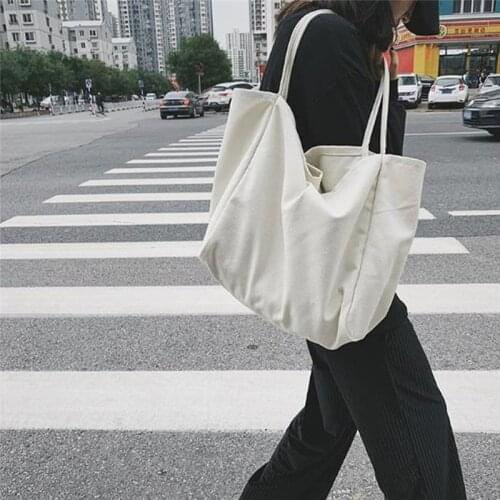 Women Fashion Canvas Shoulder Bag Large Capacity Female Vintage Big Tote Handbag Folding Reusable Portable Thin Strap Cloth Bags