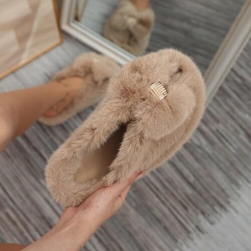 Womens Fluffy Slippers Butterfly Knot Crystal Short Plush Solid Peep Toe Female Home shoes Comfortable Leisure Ladies Footwear