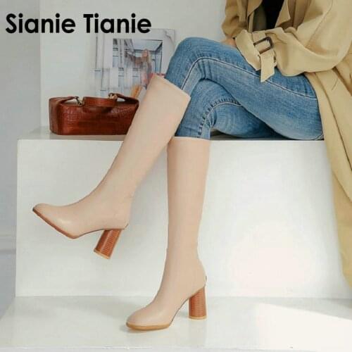 Sianie Tianie 2020 winter warm fur PU solid color round high woman riding boots apricot blck women knee high boots size 33-48