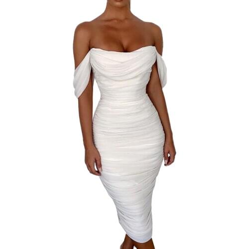 Top Quality Women Bodycon White Slash neck Rayon Bandage Rayon Elegant Celebrity Evening Party Dress