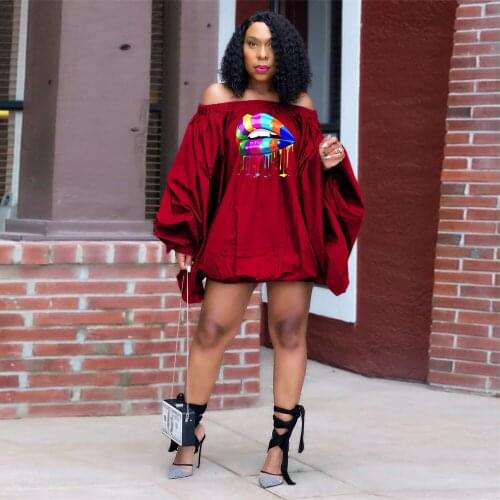 Rainbow Mouth Print Autumn Short Dresses Women Fashion Cold Shoulder Lantern Sleeve Vestido Fall Casual Slash Neck Robe Femme