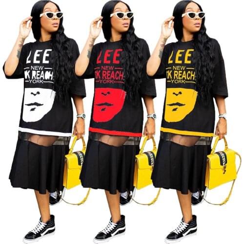 Hip Hop T-shirt Dress Women Harajuku 3D Print Rock Long Tee Half Sleeve Loose Tops Dance Colour Block African Dresses for Women