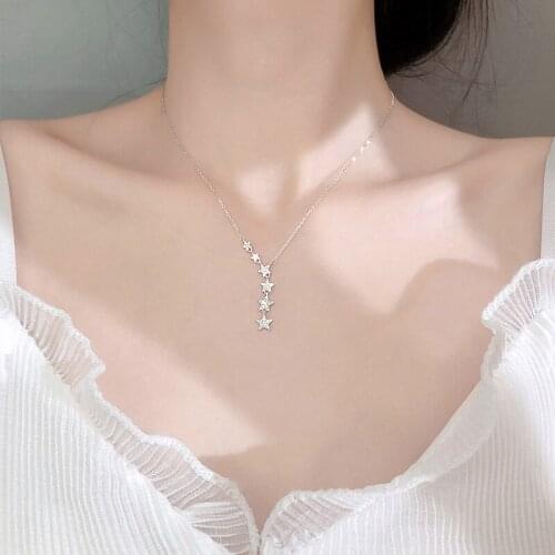BUDROVKY Silver Plated Shiny Zircon Star Necklace Simple Temperament Sweet Clavicle Chain For Women Korean Fashion Jewelry