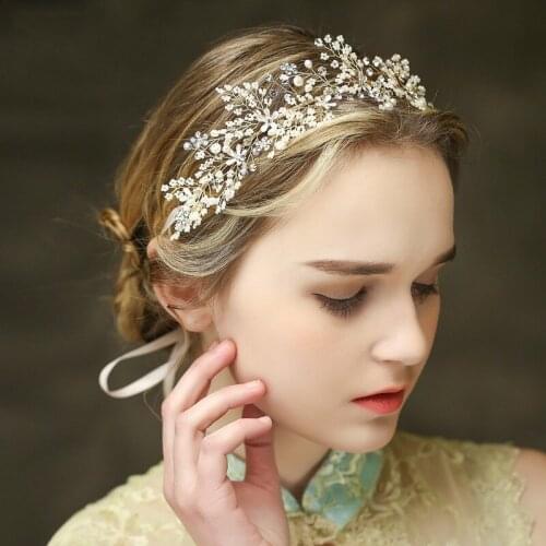 Gold Flower Wedding Tiara Headband Tiny Pearls Bridal Hair Crown Jewelry Handmade Women Hair Accessories Headpiece