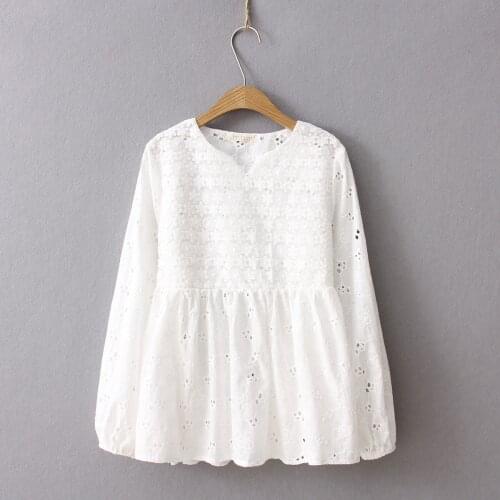 2020 spring v-neck long sleeve hollow out embroidery solid white shirt top