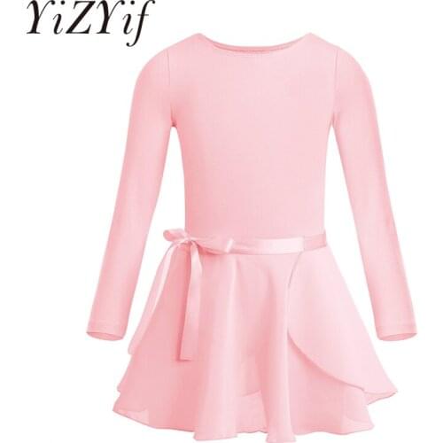 Girls Ballet Leotard Dress Dancewear Cotton Long Sleeves Gymnastics Leotard with Chiffon Tied Skirt Outfit Ballet Tutu Dress