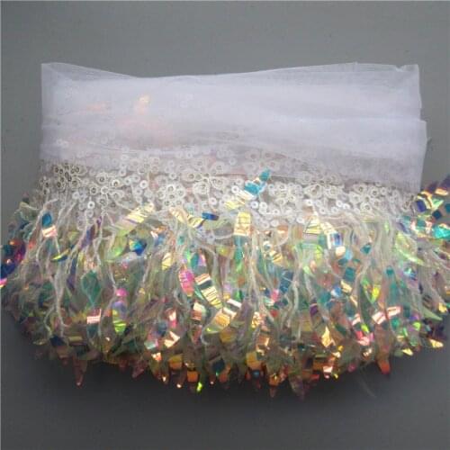 2 Meter 15cm White Sequins Mesh Lace Fabric Trim Ribbon Tassel Fringe Edge Embroidered Sewing Craft Wedding Prom Party Halloween