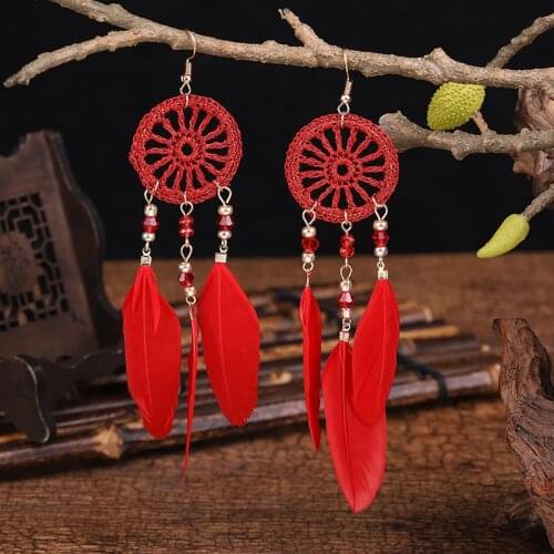 Bohemia Womens Crystal Red Feather Tassel Earrings 2021 New Summer Indian Jewelry Tibetan Dream Catcher Dangle Wedding Earrings