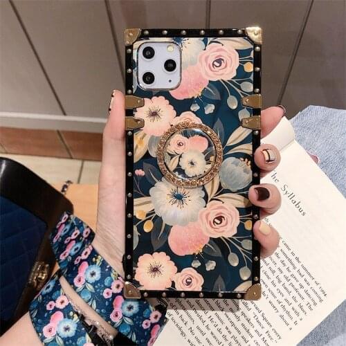 Luxury 3D Diamond Ring Bracket Square Rose Flower Phone case For iPhone 12 11 Pro XR XS MAX 7 8 Plus With lanyard Silicone cover