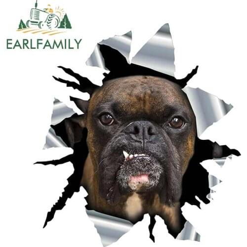 EARLFAMILY 13cm x 12.1cm Brindle Boxer Car Sticker Torn Metal Decal Reflective Stickers Waterproof Car Styling 3D Car Decoration
