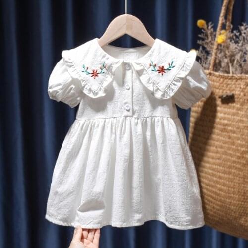 Girl Cotton Dress Kids Baby Girls Sundress Clothing Embroidered Flower Turn-down Collar Princess Toddler Infant Dresses Summer