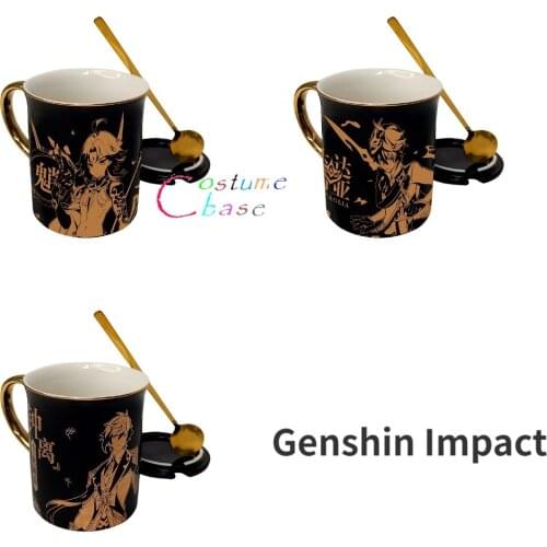Game Genshin Impact Zhongli Xiao Tartaglia Ceramic Mug Cup Coffee Water Cup Spoon Cup Lid Hallowen Party