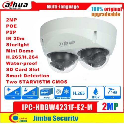 Dahua IP Camera 2x 2MP starlight IPC-HDBW4231F-E2-M POE H.265&H.264 IR20m IK10 IP67 Micro SD memory 128G Smart Detection