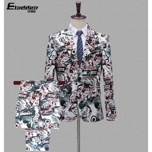 Printing Blazer men groom suit set with pants mens suits 2 piece costume singer star style dance stage clothing formal dress