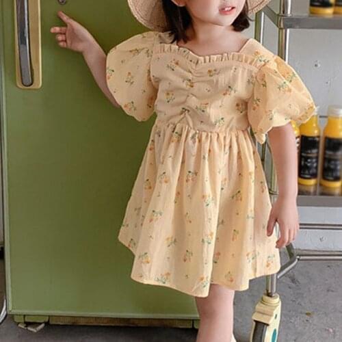 Summer Girls Dress Pastoral Style Fold Decoration Puff Sleeve Floral Sweet Princess Dress Baby Kids ChildrenS Clothing For Girl