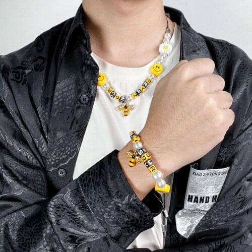 Fashionable Cute Beaded Flower Smile Bee Letter Necklace Bracelet Adjustable Braided Punk Hiphop Jewelry Women Men Fashion 2021