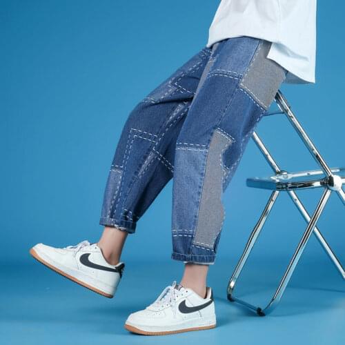 Men 2021 Spring Summer Casual Straight Jeans Male Patchwork Denim Trousers Men Fashion Streetwear Loose Ankle-Length Pants W517