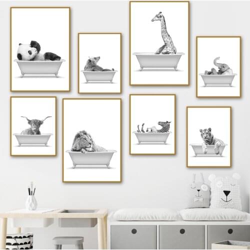 Bathtub Giraffe Panda Lion Pig Wall Art Canvas Painting Nordic Posters And Prints Black White Wall Pictures For Kids Room Decor