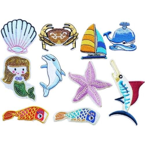 New 3D Crab Bird Mermaid Fish Starfish Shell Embroidery Iron on Patches for Clothes Stickers Sea Animal Badges Sewing Applique