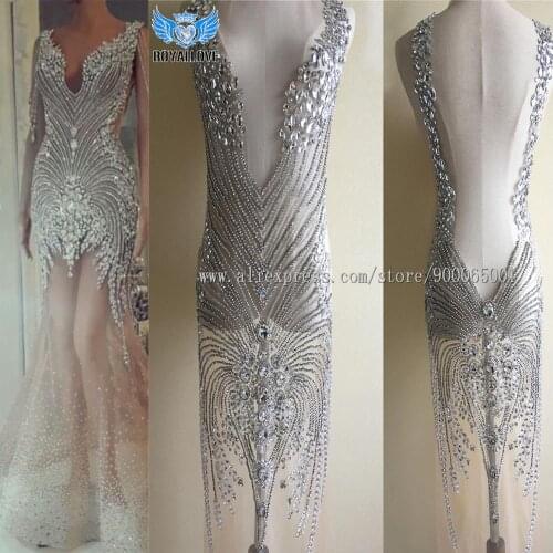 One Set Unique Heavy Beaded Rhinestone Full Bodice Applique Large Size Hand-made Rhinestone Panel Dress Piece for Prom Bridal