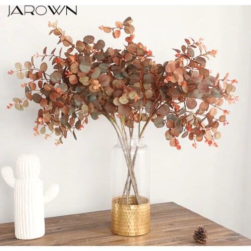 JAROWN Autumn Eucalyptus Leaf Indoor Artificial Silk Plants Fake Flowers Branch Potted Home Party Table Vase Flower Rack Decor