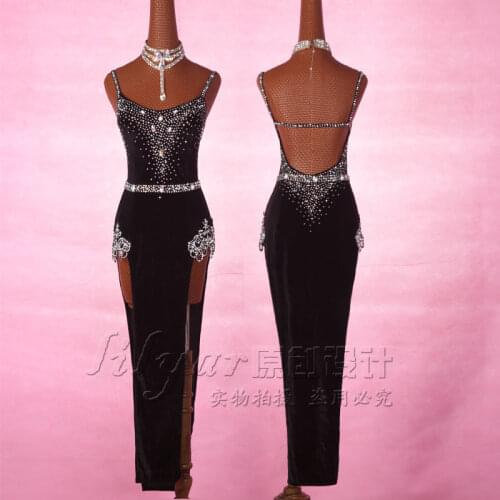2019 Latin Dance Dress For Women Black Velvet Long Dress For Ballroom Dance Tango Dress Stage Performance Latin Dresses VDB156