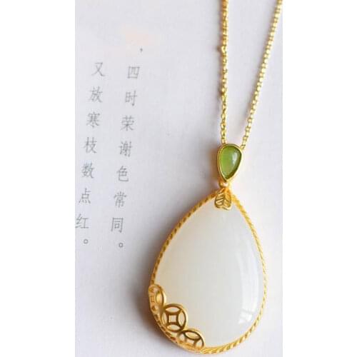 Natural Hetian Jade Water Drop Pendant Female Jade White Jade Chinese Style Necklace for Elders to Give Mom Gift Jewelry