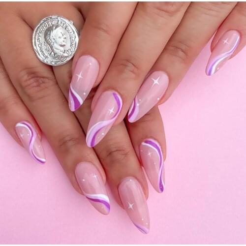 Detachable Almond Pink And White False Nails Wavy Style Stiletto Fake Nails Ballerina Coffin Full Cover Manicure Tool 24Pcs/Box